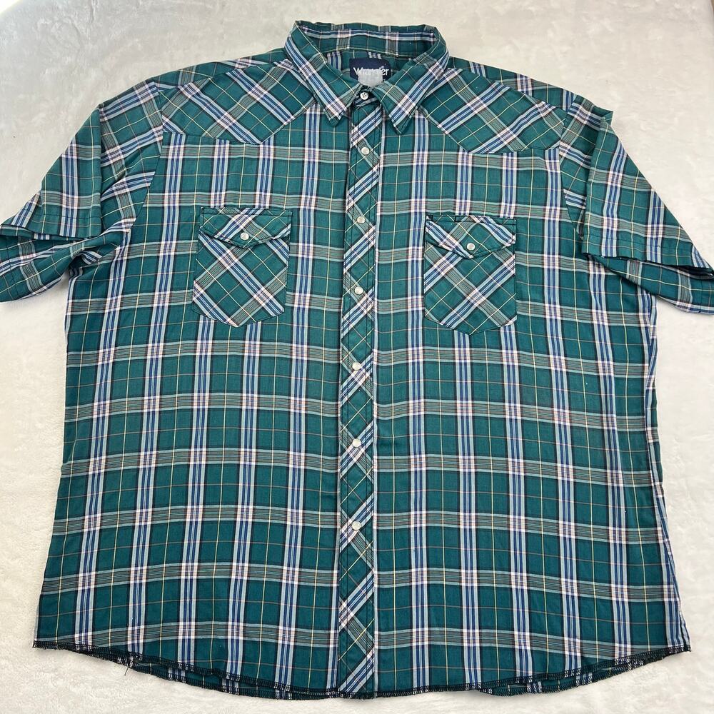 Wrangler Vintage Western Wear Green Plaid Pearl Snap Shirt Men's size 2XL